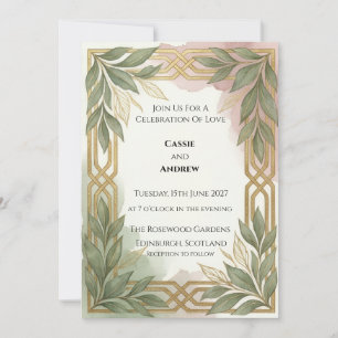 Art Deco Salbei-Gold-Laub-Hochzeit Einladung