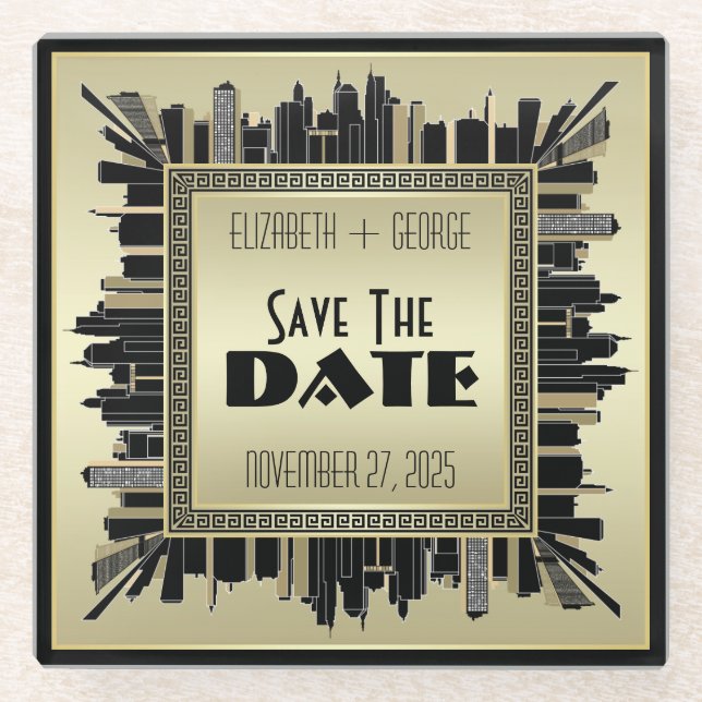 Art Deco Save the Date Champagne Gold Gatsby Glam Glasuntersetzer (Vorderseite)