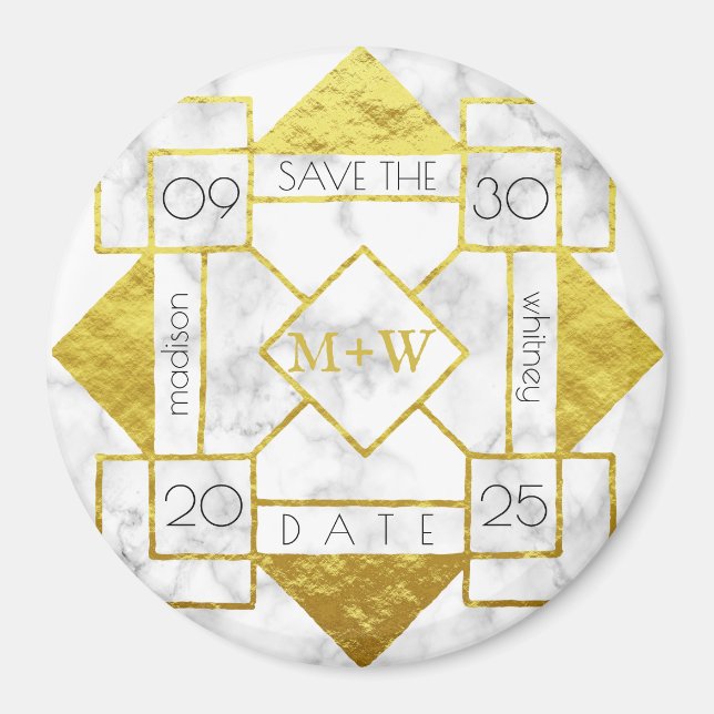 Art Deco Save the Date Weißer Marmor Magnet (Vorne)