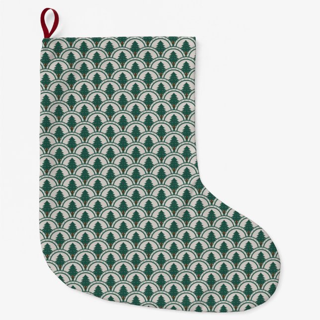 Art Deco Scalloping Evergreen Muster Großer Weihnachtsstrumpf (Vorderseite)