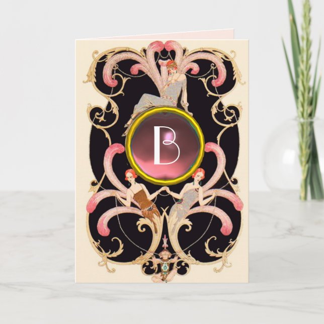 ART DECO SCHAUTY FASHION PINK GEM MONOGRAM Geburts Karte (Vorderseite)