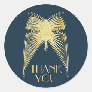 Art Deco Schmetterling Blau Gold "Danke" Runder Aufkleber