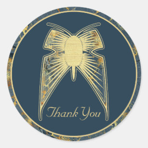 Art Deco Schmetterling "Danke" Blau Gold Marmor Runder Aufkleber