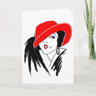 Art Deco schöne Frau roter Hut Karte