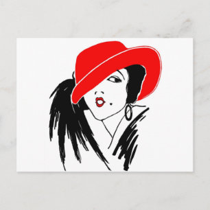 Art Deco schöne Frau roter Hut Postkarte