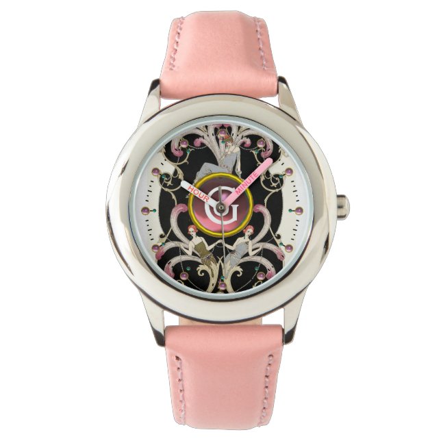 ART DECO SCHÖNHEIT FASHION PINK GEMSTONE MONOGRAMM ARMBANDUHR (Vorderseite)