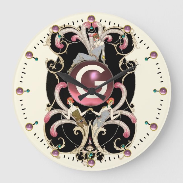 ART DECO SCHÖNHEIT FASHION PINK GEMSTONE MONOGRAMM GROßE WANDUHR (Vorderseite)