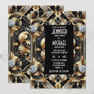 Art Deco Schwarz & Gold Diamant Hochzeits Einladun Einladung