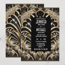 Art Deco Schwarz & Gold Diamantene Hochzeits-Einla