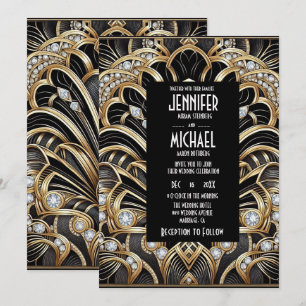 Art Deco Schwarz & Gold Diamantene Hochzeits-Einla Einladung