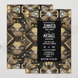 Art Deco Schwarz & Gold Diamantene Hochzeits-Einla Einladung