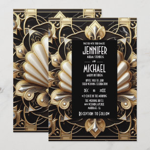 Art Deco Schwarz & Gold Diamantene Hochzeits-Einla Einladung