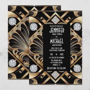 Art Deco Schwarz & Gold Diamantene Hochzeitseinlad Einladung