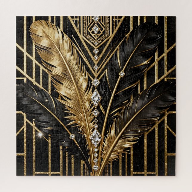 Art Deco Schwarz Gold Federn (Vertikal)