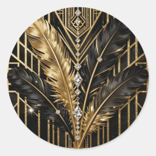 Art Deco Schwarz Gold Federn Runder Aufkleber