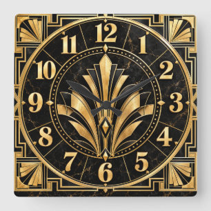 Art Deco Schwarz & Gold Glamour-Uhr Quadratische Wanduhr