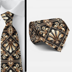 Art Deco Schwarz-Gold-Muster Krawatte mit Muschelm