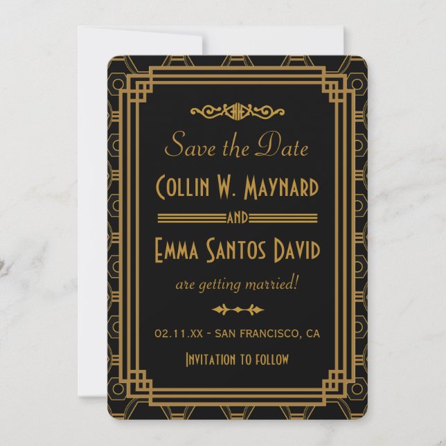 Art Deco Schwarz Save The Dates Date (Vorderseite)