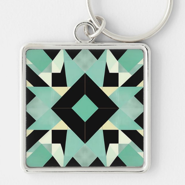 Art Deco Schwarz und Aquamarin geometrischer Schlü Schlüsselanhänger (Vorne)