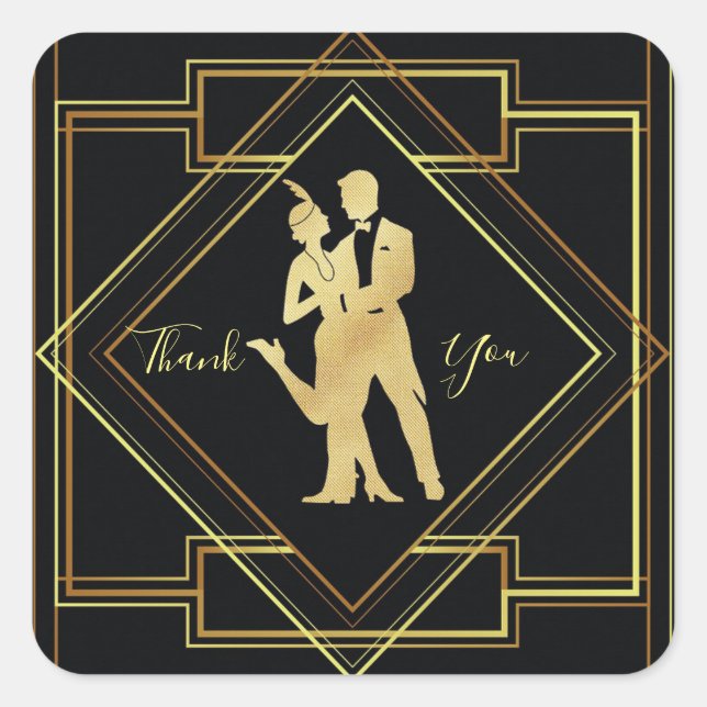 Art Deco schwarz und gold brüllend 20 danke Quadratischer Aufkleber (Vorderseite)
