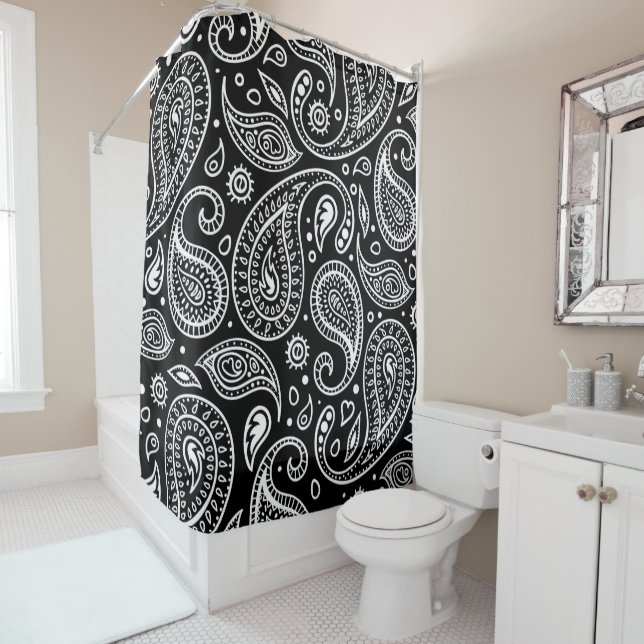 Art Deco Schwarz und Weiß Floral Paisley Muster Duschvorhang (Beispiel)