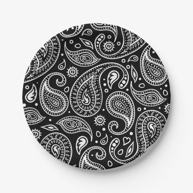 Art Deco Schwarz und Weiß Floral Paisley Muster Pappteller (Vorderseite)