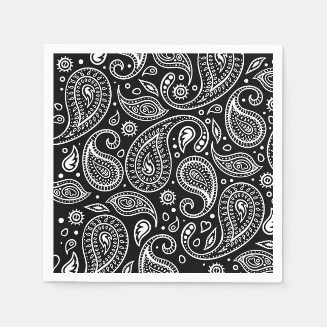 Art Deco Schwarz und Weiß Floral Paisley Muster Serviette (Vorderseite)