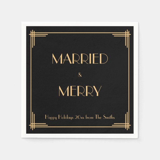 Art Deco Schwarz Verheiratet und froh Weihnachten  Serviette (Vorderseite)