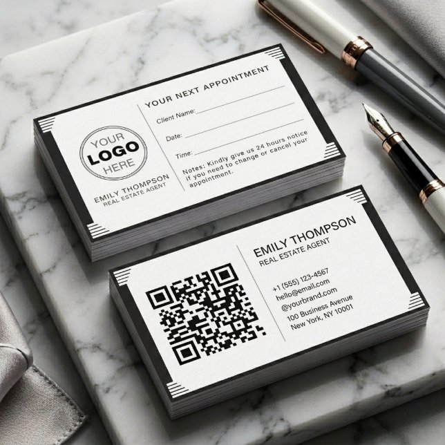Art Deco Schwarz Weiß QR-Code-Logo Professionell Terminkarte (Minimalist Art Deco Real Estate Business Card | QR Code & Appointment Design)