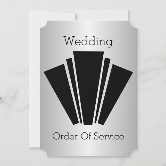 Art Deco Schwarz-Weiß-Silber-Hochzeitsprogramm Einladung (Vorderseite)