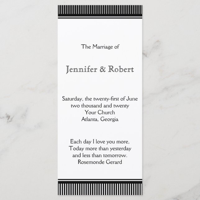 Art Deco Schwarz-weiß Stripe Wedding Programm (Vorderseite)