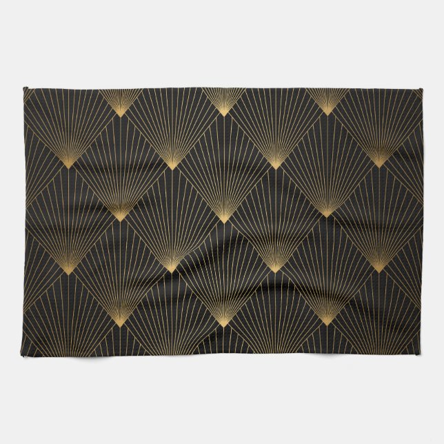 Art Deco: Schwarze Gold Elegance. Geschirrtuch (Horizontal)