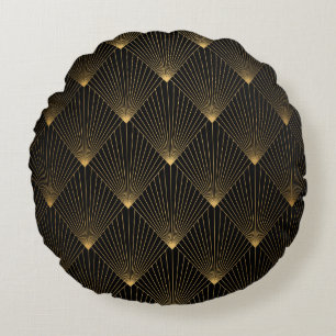 Art Deco: Schwarze Gold Elegance. Rundes Kissen