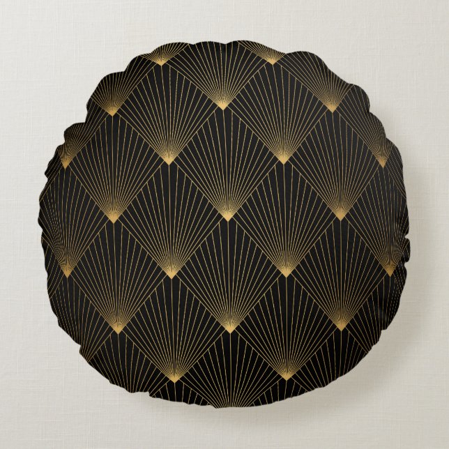 Art Deco: Schwarze Gold Elegance. Rundes Kissen (Vorderseite)