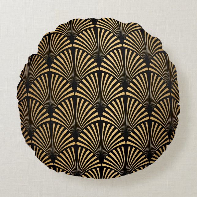 Art Déco: Schwarze Goldskala. Rundes Kissen (Vorderseite)