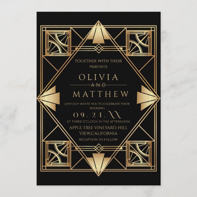 Art Deco Schwarze Hochzeit mit Goldrahmen Einladung (Vorderseite)