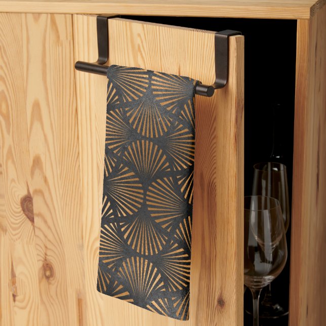Art Deco Schwarze Kupferlüfter Muschel Graphic Geschirrtuch (Drittel gefaltet)