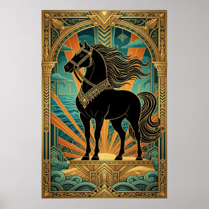 Art Deco schwarze Pferdestatue Sonnenstrahl Türkis Poster