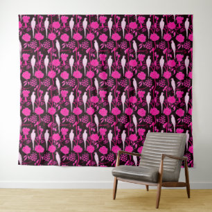 ART DECO SCHWARZE PINK FUCHSIA BLUME, WEISSE PARRO WANDTEPPICH