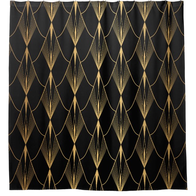Art Deco: Schwarzes Gold Nahtloser Luxus Duschvorhang (Vorderseite)