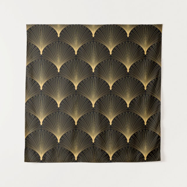 Art Deco: Schwarzes goldenes Muster. Wandteppich (Vorderseite)