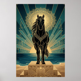 Art Deco schwarzes Pferd Mandala Sonnenuntergang T Poster