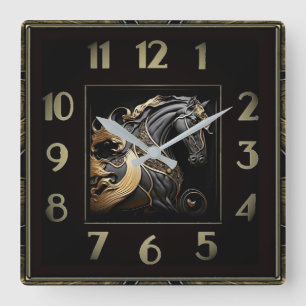 Art Deco schwarzes und goldenes Pferd Quadratische Wanduhr