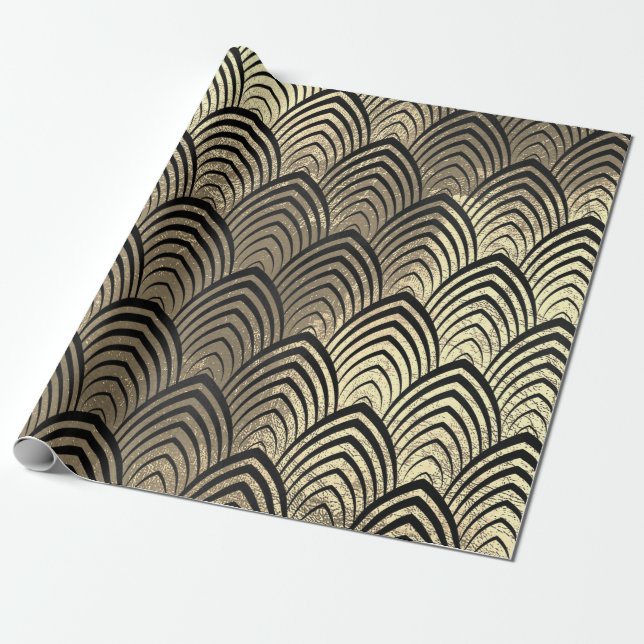 Art Deco Seashell Scales Black Sepia Gold Geometri Geschenkpapier (Ungerollt)