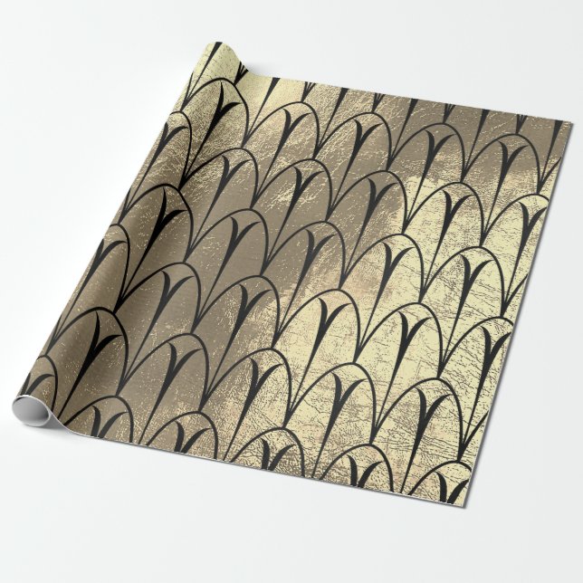 Art Deco Seashells Scales Black Sepia Gold Geschenkpapier (Ungerollt)