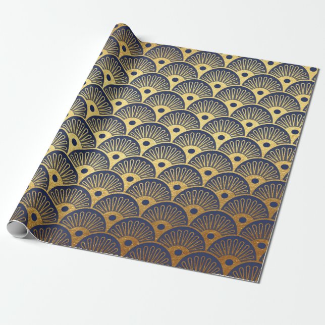 Art Deco Seashells Waves Navy Blue Vip Yacht Geschenkpapier (Ungerollt)