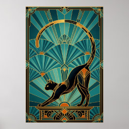 Art Deco sich streckende schwarze Katzenwandkunst Poster