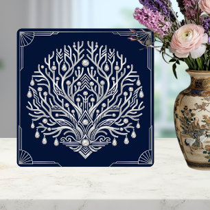 Art Deco Silber Baum Perlen Marineblau Fliese