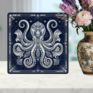 Art Deco Silber-Oktopus-Mandala Kraken Fliese