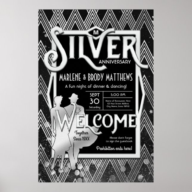 Art Deco Silver Wedding Anniversary Party Welcome Poster (Vorne)